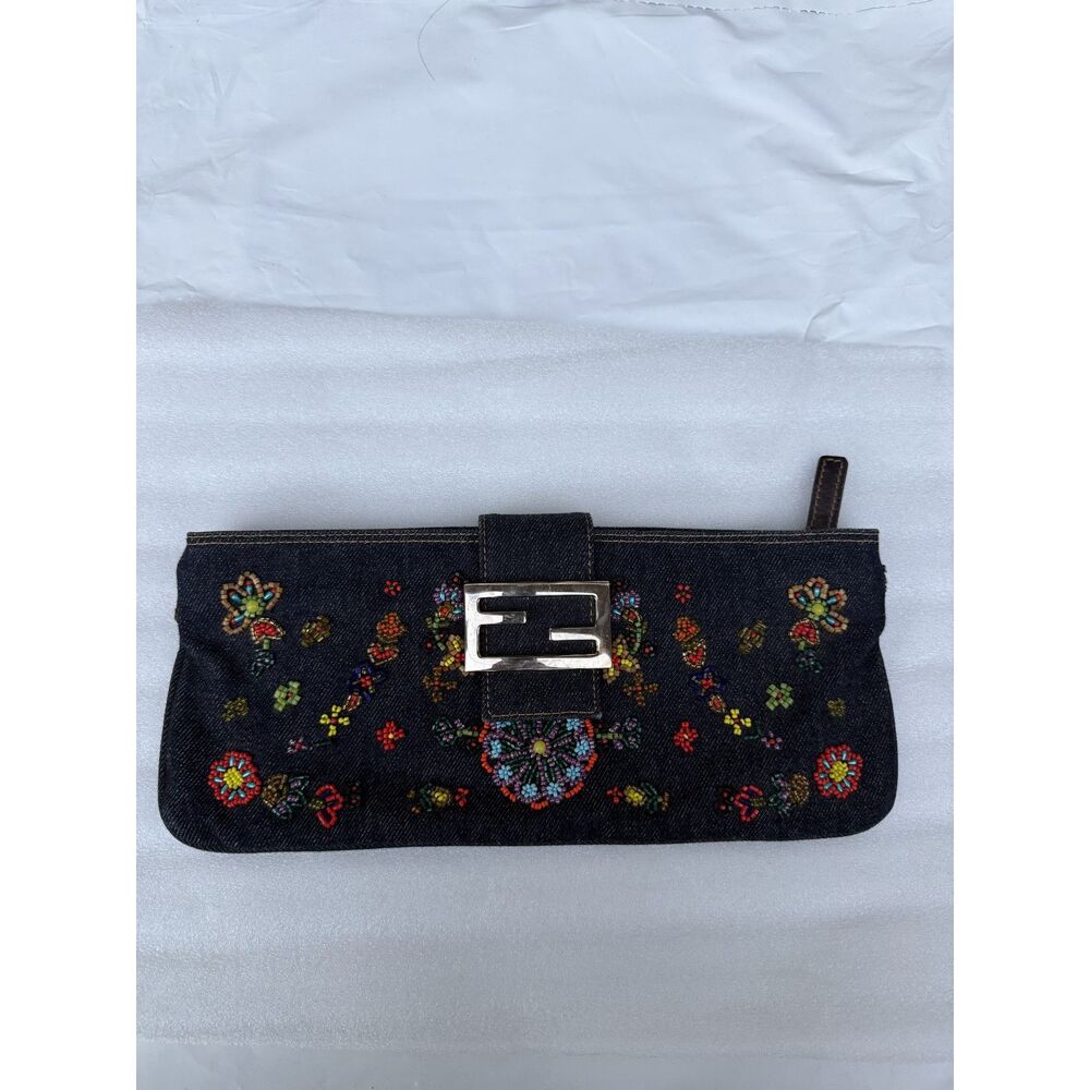 Vintage Fendi Baguette Beaded Denim Floral Bag Y2K Rare No Strap